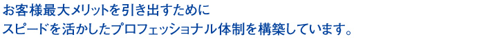 お客様最大メリットを引き出すためにスピードを活かしたプロフェッショナル体制を構築しています